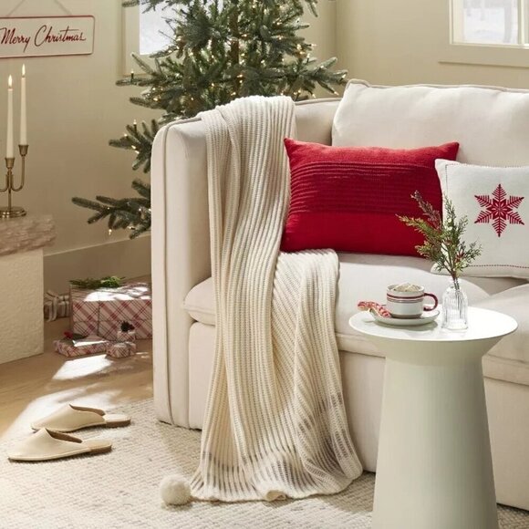 Hearth & Hand Magnolia Border Stripe Rib Knit Throw Blanket Beige Christmas 2023 - Picture 2 of 6